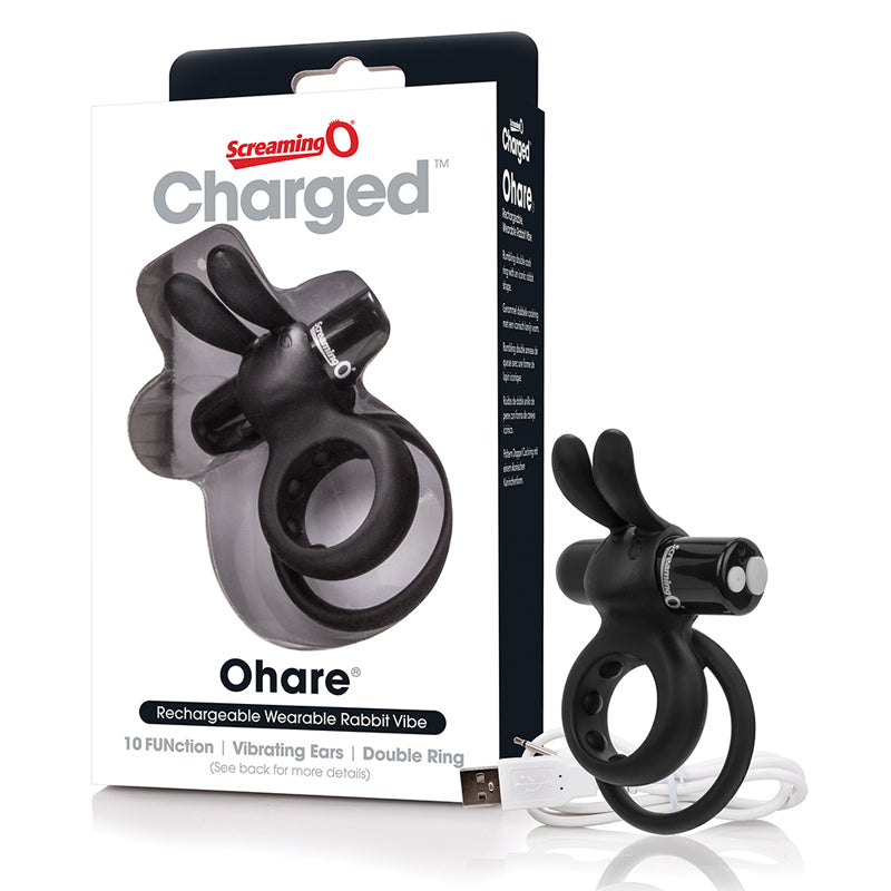 Screaming O Charged Ohare Vooom Mini Vibe - Black Screaming O Charged Ohare Black Mini Vibe beside white black retail carton and USB cable