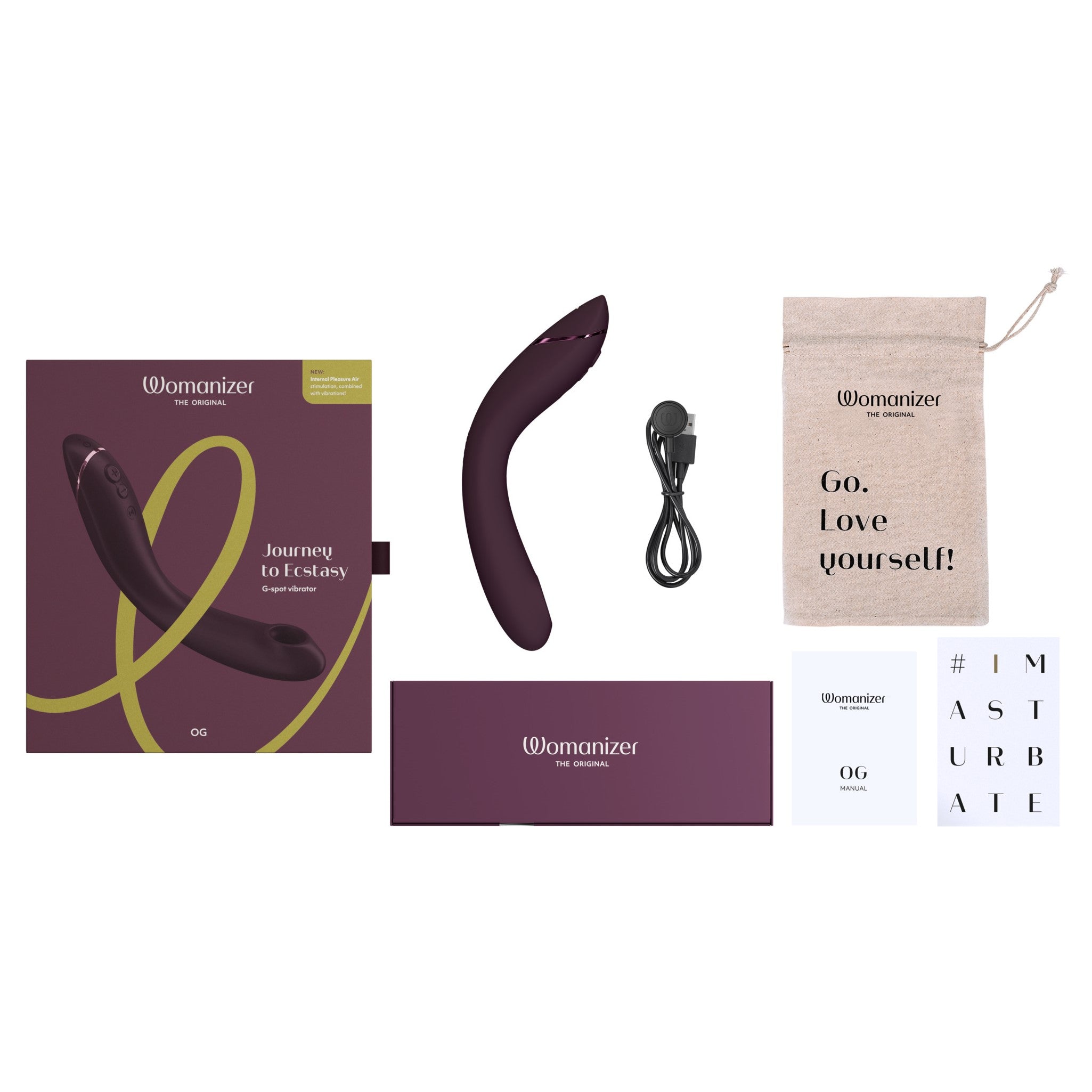 Womanizer OG Rechargeable G-Spot Pleasure Air Stimulator Aubergine Womanizer OG aubergine device with box cable pouch and cards