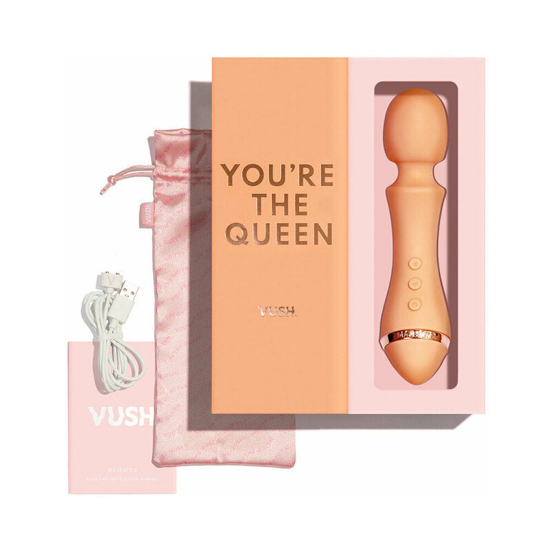 VUSH Majesty 2 Wand Vibrator light-pink VUSH Majesty 2 wand displayed in orange box with pouch and cable
