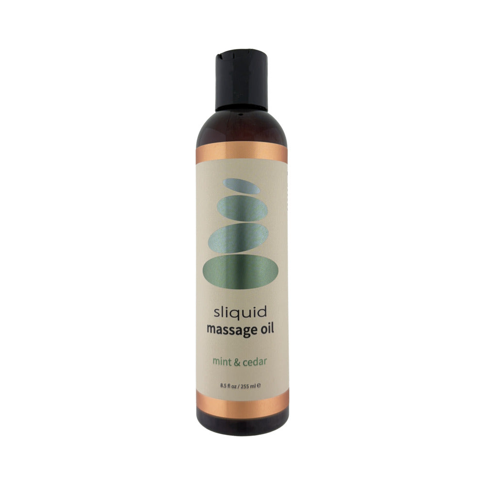 Sliquid Massage Oil Mint & Cedar 8.5 oz. Sliquid Mint and Cedar Massage Oil 8.5 oz bottle with black cap and cream label