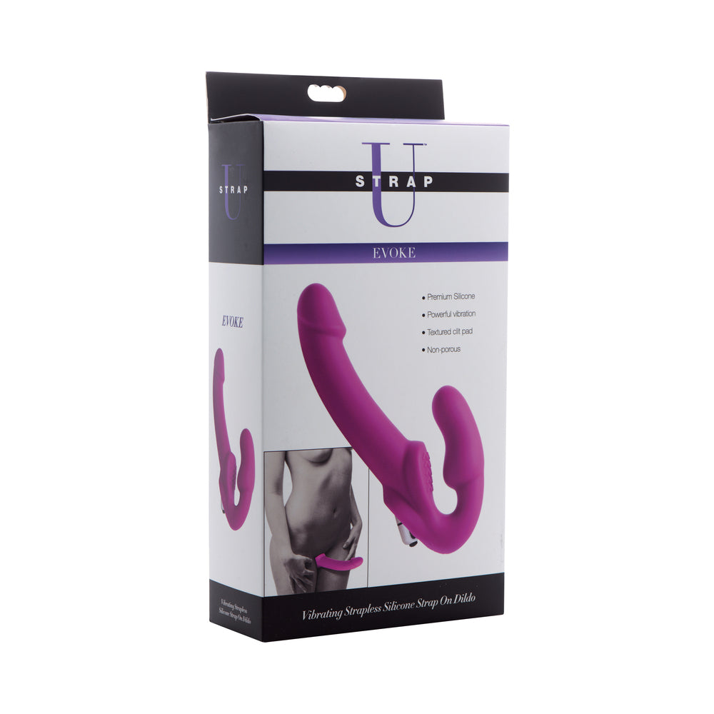 Strap U Evoke Vibrating Strapless Silicone Strap-On Dildo magenta Strap U Evoke vibrating strapless silicone dildo pictured on box