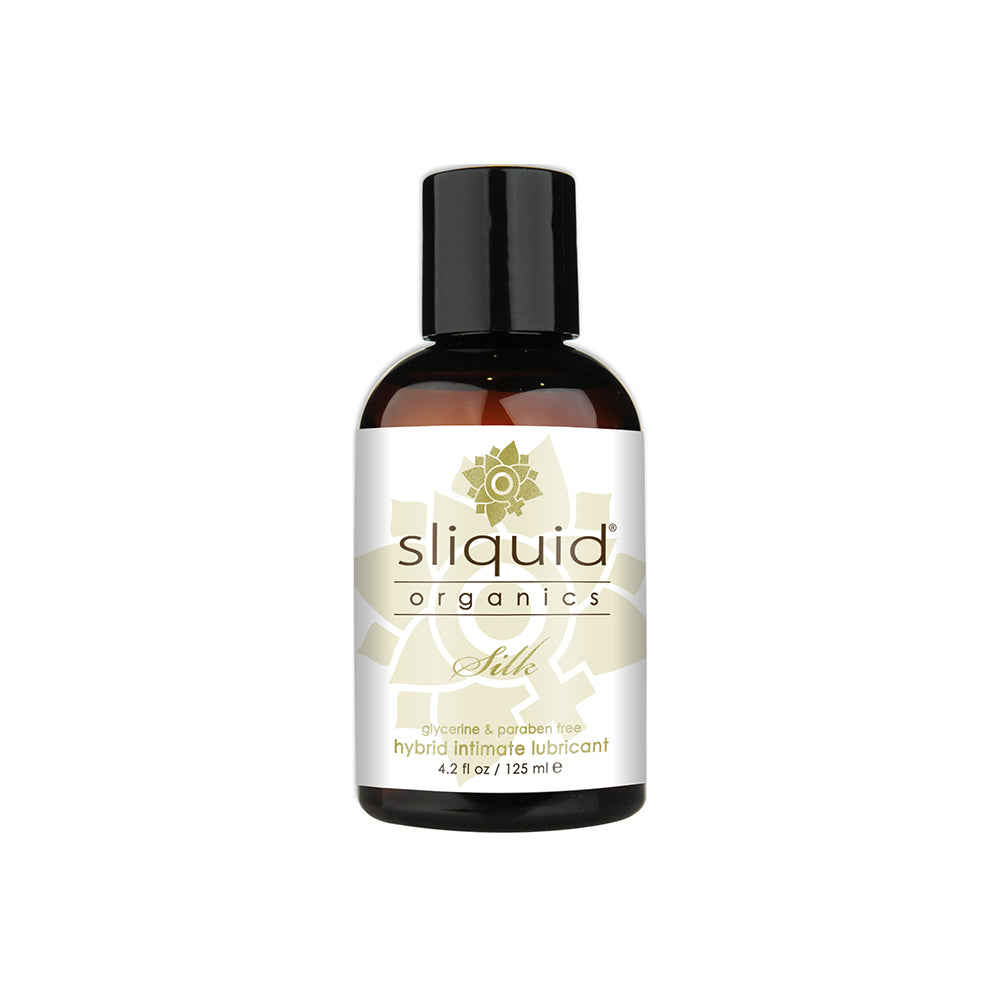 Sliquid Organics Silk Hybrid Lubricant 4.2 oz. Amber 4.2 oz Sliquid Organics Silk bottle with black cap and cream botanical label