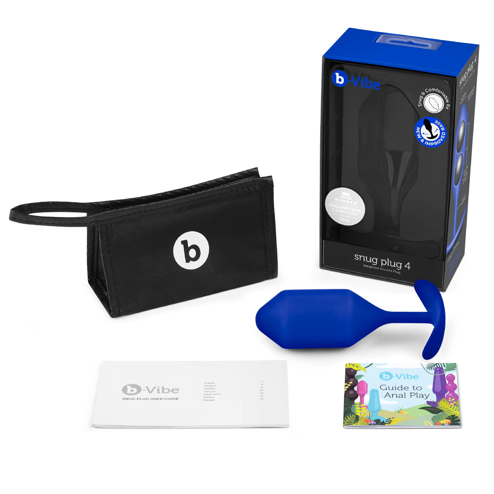b-Vibe Snug Plug 4 Weighted Silicone Anal Plug Navy Navy b-Vibe Snug Plug 4 with box, pouch and guide