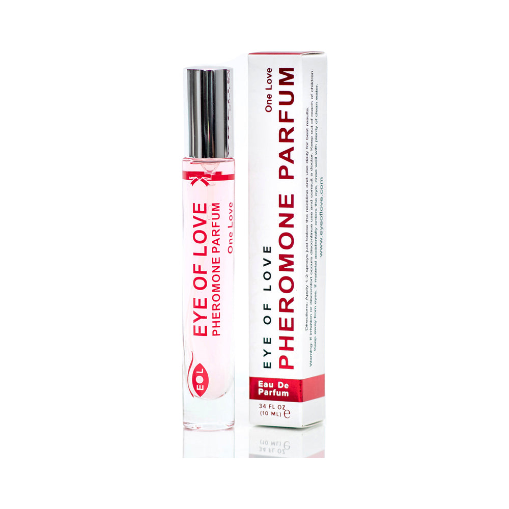 Eye of Love One Love Attract Him Pheromone Parfum 10 ml One Love 10 ml clear roll-on with pink ribbon beside white carton