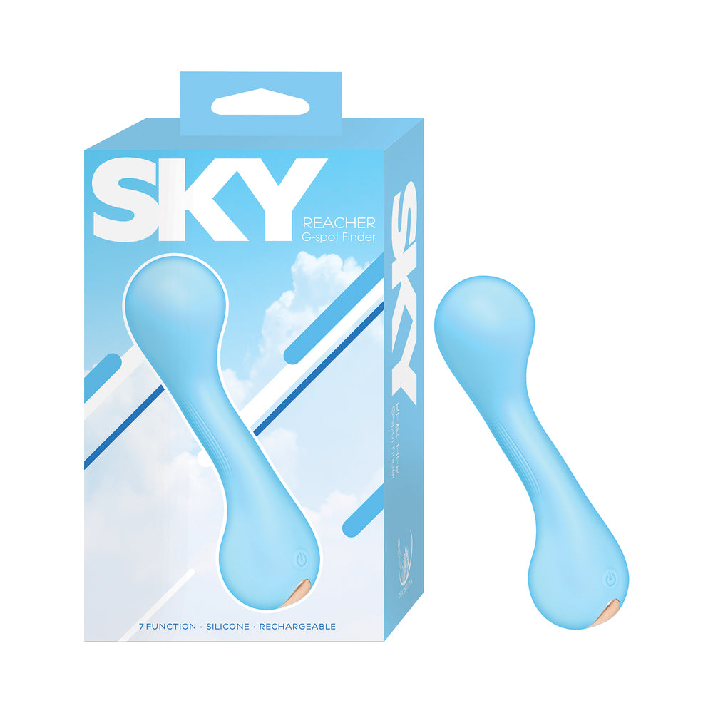 Sky Reacher G-Spot Finder Blue Nasstoys Sky Reacher blue curved vibrator beside the blue retail box