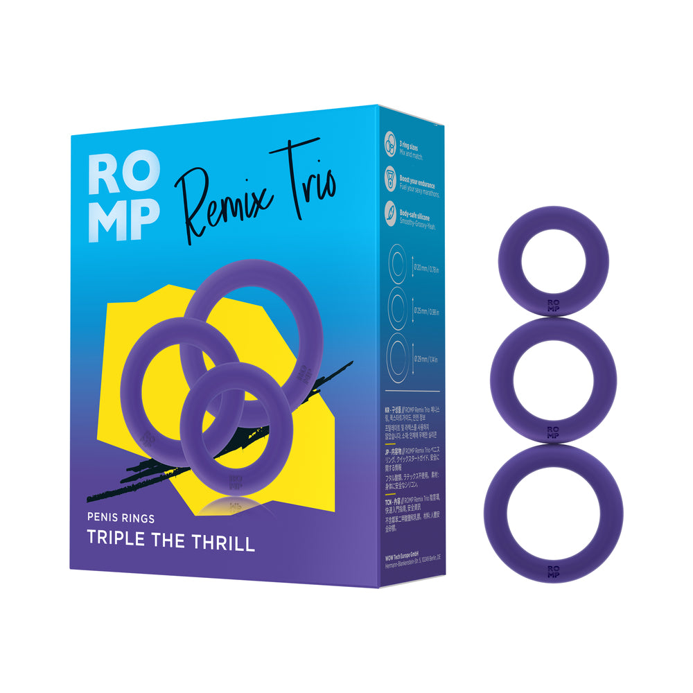 ROMP Remix Trio ROMP Remix Trio box beside three purple silicone rings in graduated sizes