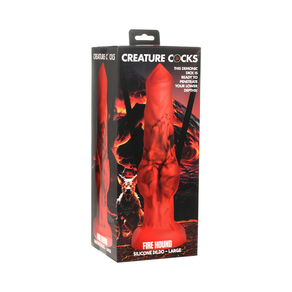 Creature Cocks Fire Hound Silicone Dildo L large red Fire Hound sculpted silicone dildo displayed on black box