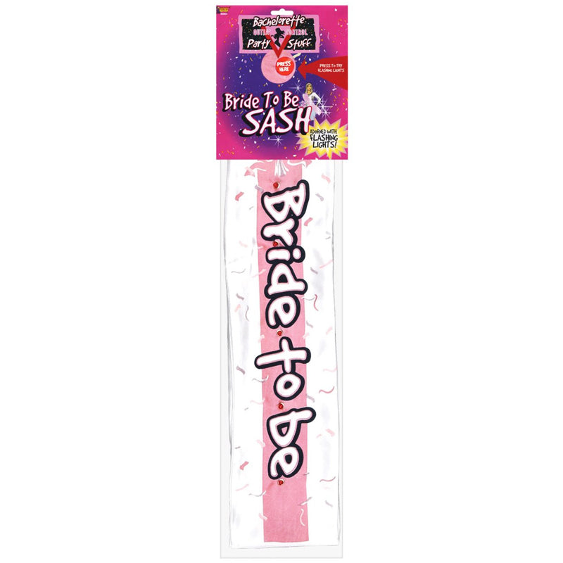 Bachelorette Outta Control Flashing Sash Bachelorette Bride to Be Sash white sash in clear hanging package with pink header