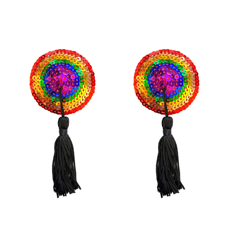 Neva Nude Pasty Reusable Burlesque Rainbow Pair of Neva Nude round rainbow Burlesque pasties with black tassels