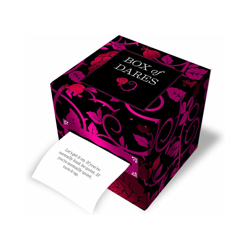 Box of Dares: 100 Prompts for Couples Game black Box of Dares cube with pink scrollwork and prompt card