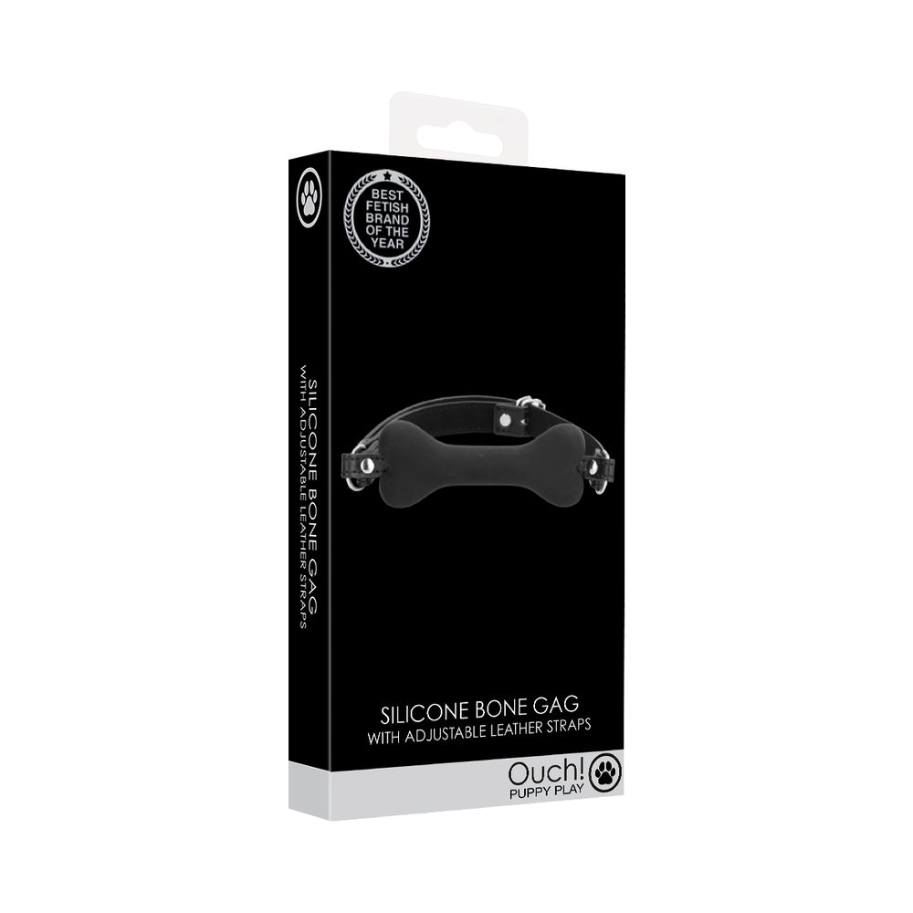 Ouch! Puppy Play Silicone Bone Gag Black Shots Ouch black silicone bone gag retail box front