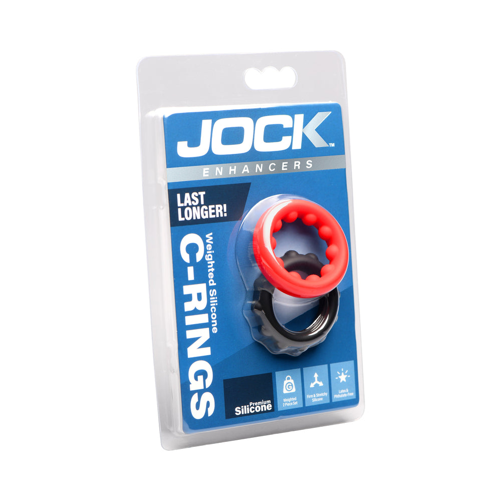 JOCK Enhancers Weighted Silicone C-Ring Set JOCK Enhancers black and red weighted silicone ring set inside blue blister packaging