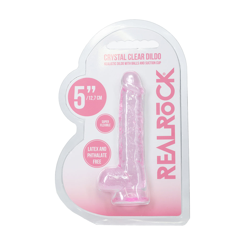 RealRock Realistic 5 in. Dildo with Balls Pink RealRock 5-inch translucent pink dildo with balls in retail pack