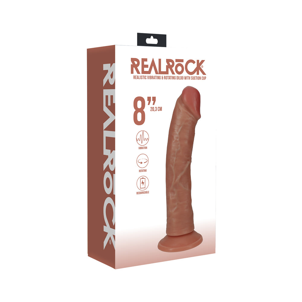 RealRock 8 in. Vibrating and Rotating Cock Regular Curved Tan Shots RealRock tan 8-inch rotating dildo curved product pictured on brown and white box