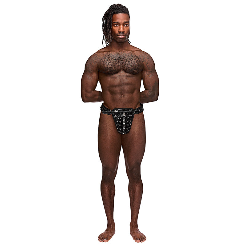 Male Power Leather Taurus Black OS Model wearing black Male Power Taurus studded cage pouch thong