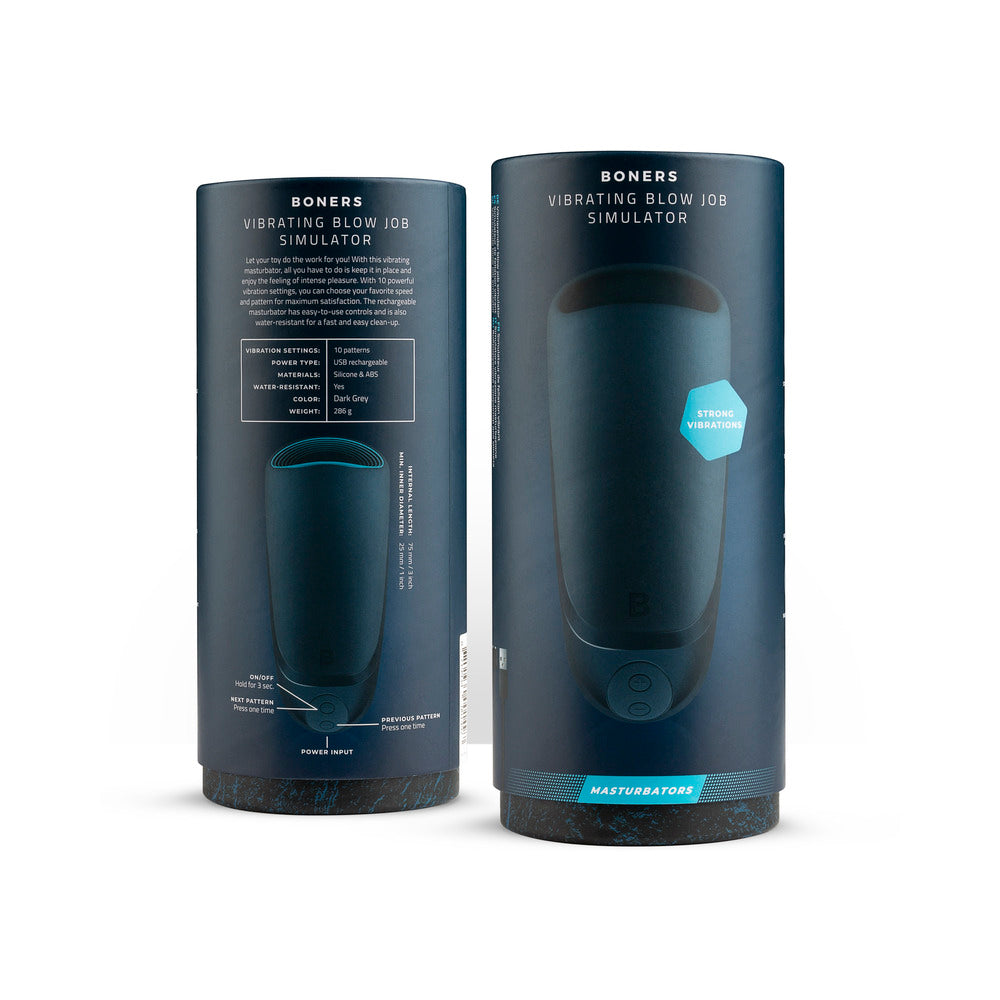 Boners Vibrating Blowjob Masturbator two dark cylindrical Boners Vibrating Masturbator retail packages showing product diagram