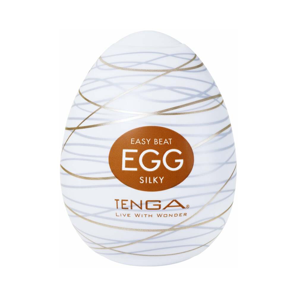 White TENGA Egg Silky package with thin gray and gold lines