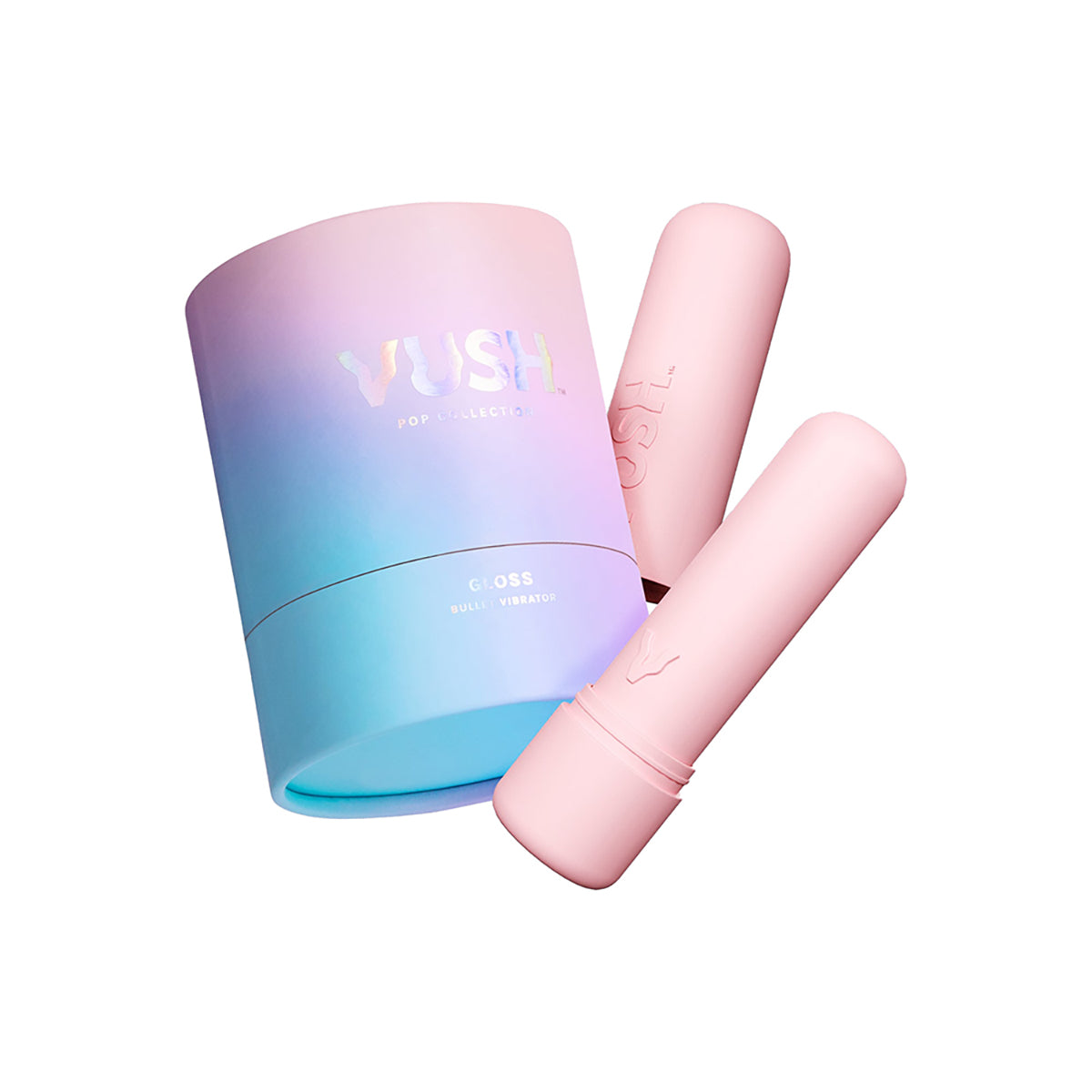 VUSH Gloss Bullet Vibrator VUSH Gloss light-pink bullet vibrator with lipstick-shaped body beside gradient storage cylinder