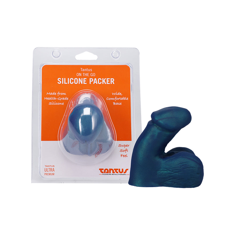 Tantus On The Go Silicone Packer Super Soft Malachite Tantus On The Go malachite silicone packer beside front retail package