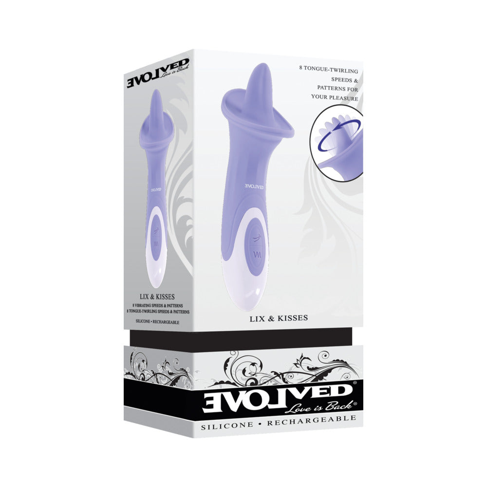 Evolved Lix & Kisses Rechargeable Purple Evolved Lix & Kisses light-purple tongue vibrator in tall white retail box