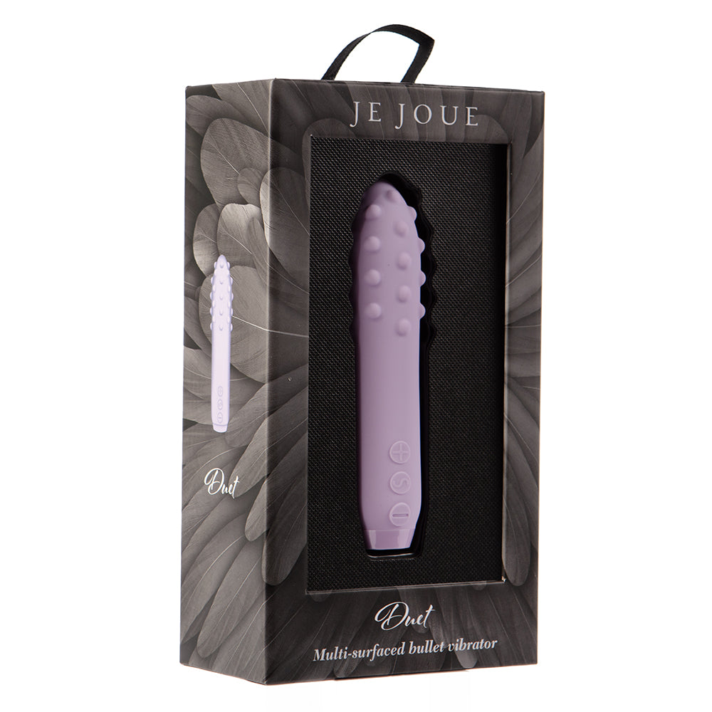Je Joue Duet Rechargeable Silicone Multi-Surfaced Bullet Vibrator Lilac Je Joue Duet lilac textured vibrator in retail box