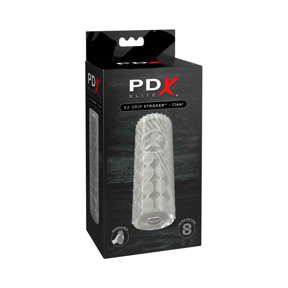 PDX Elite EZ Grip Stroker Clear PDX Elite EZ Grip Clear TPE Stroker in tall black retail carton