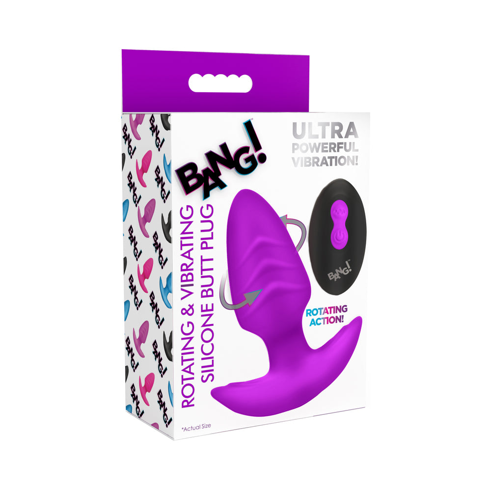 BANG! Rotating & Vibrating Silicone Butt Plug with Remote Purple BANG purple rotating silicone plug and remote pictured on retail carton