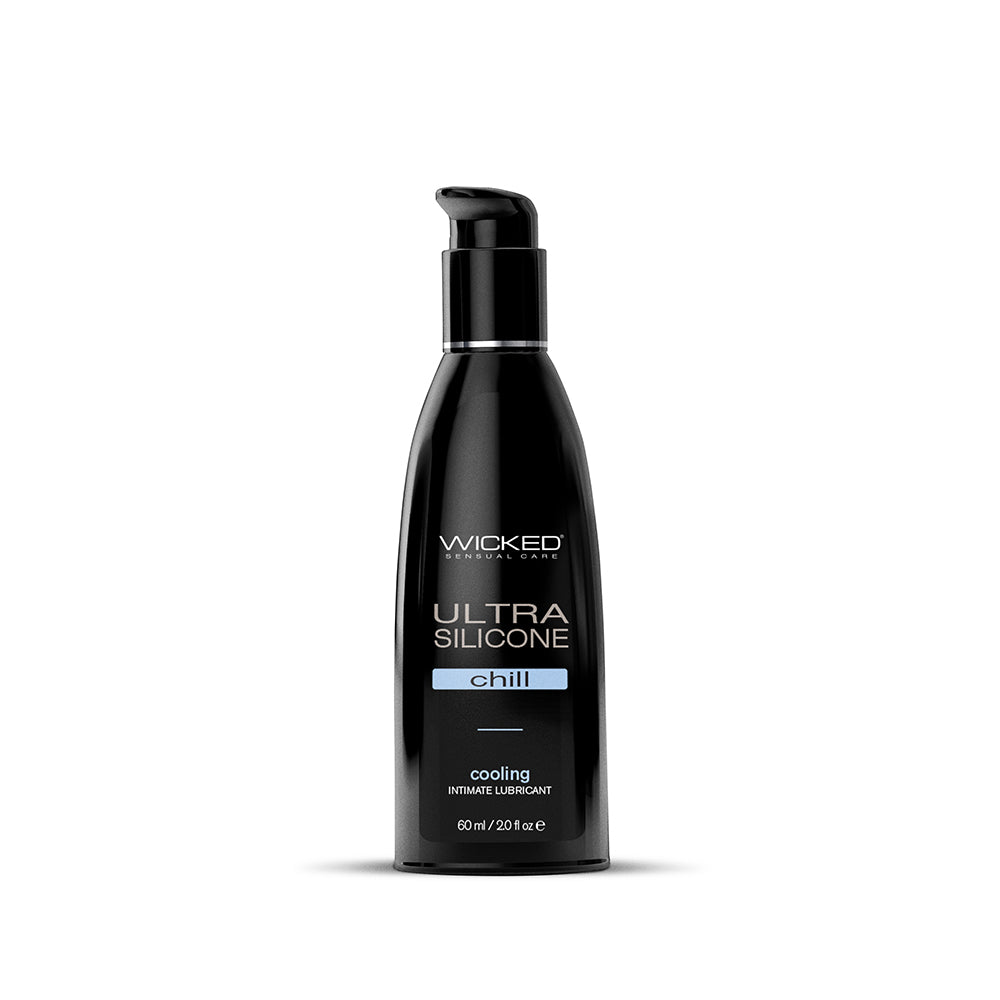 Wicked Ultra Chill Cooling Silicone Lubricant 2 oz. Wicked Ultra Chill 2 oz black pump bottle front with blue Chill panel