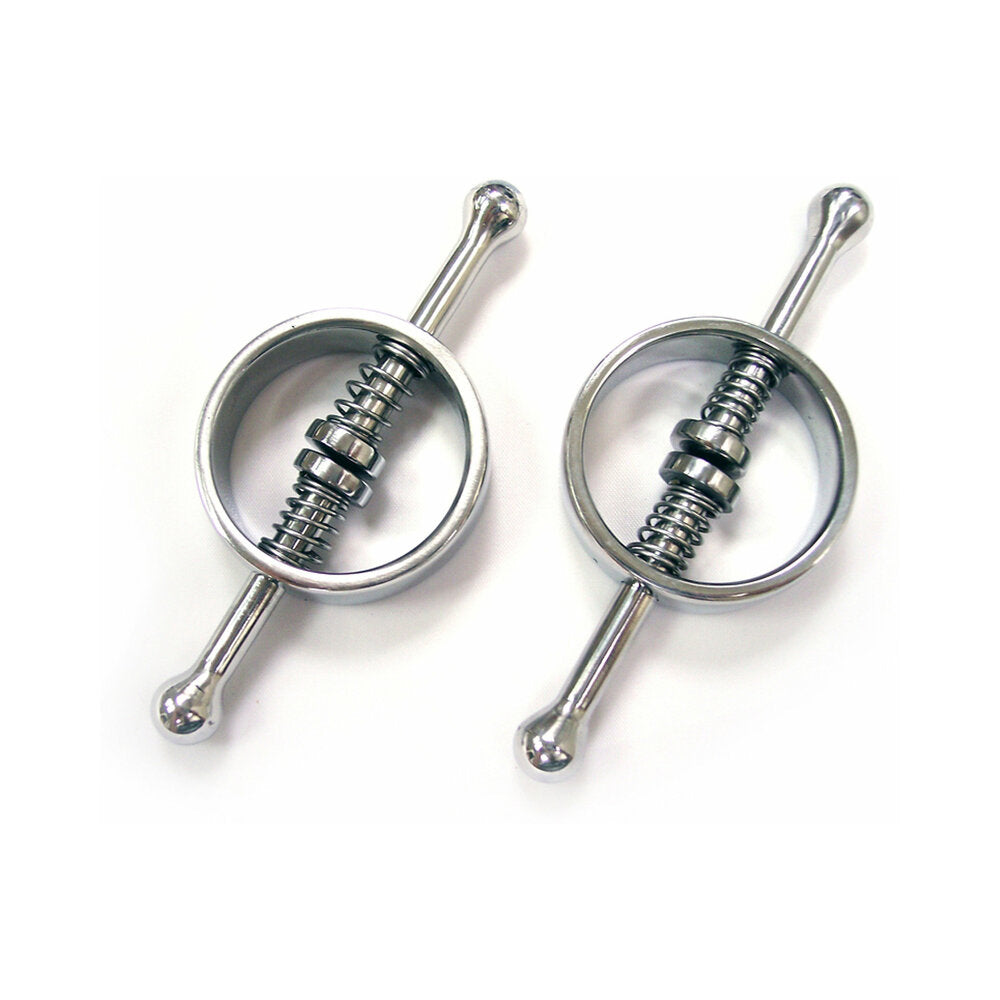 Rouge Stainless Steel Nipple Clamps in Clamshell pair of silver Rouge stainless steel spring-loaded nipple clamps