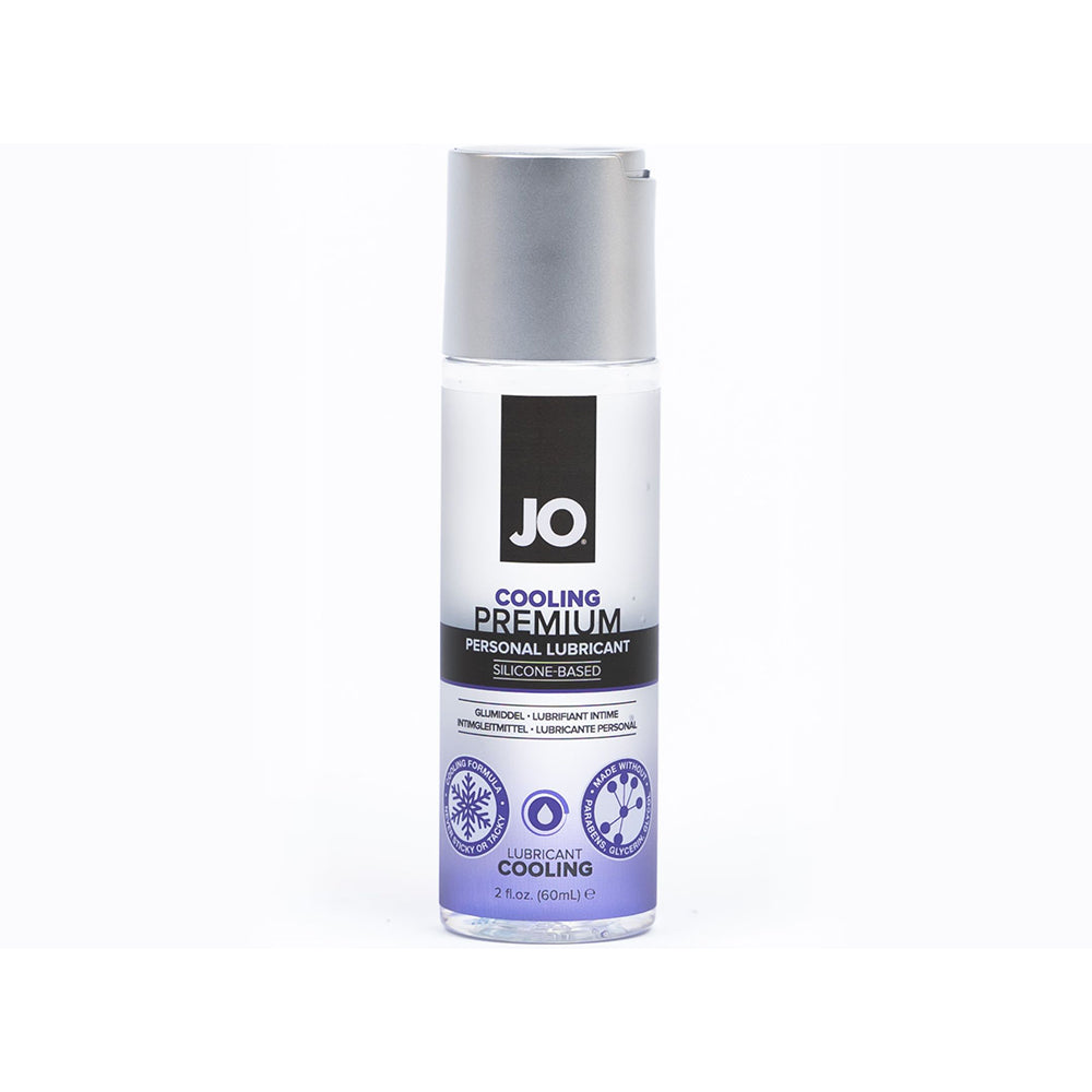 JO Premium Cooling Silicone-Based Lubricant 2 oz. Front view of 2 oz System JO Premium Cooling silver pump bottle
