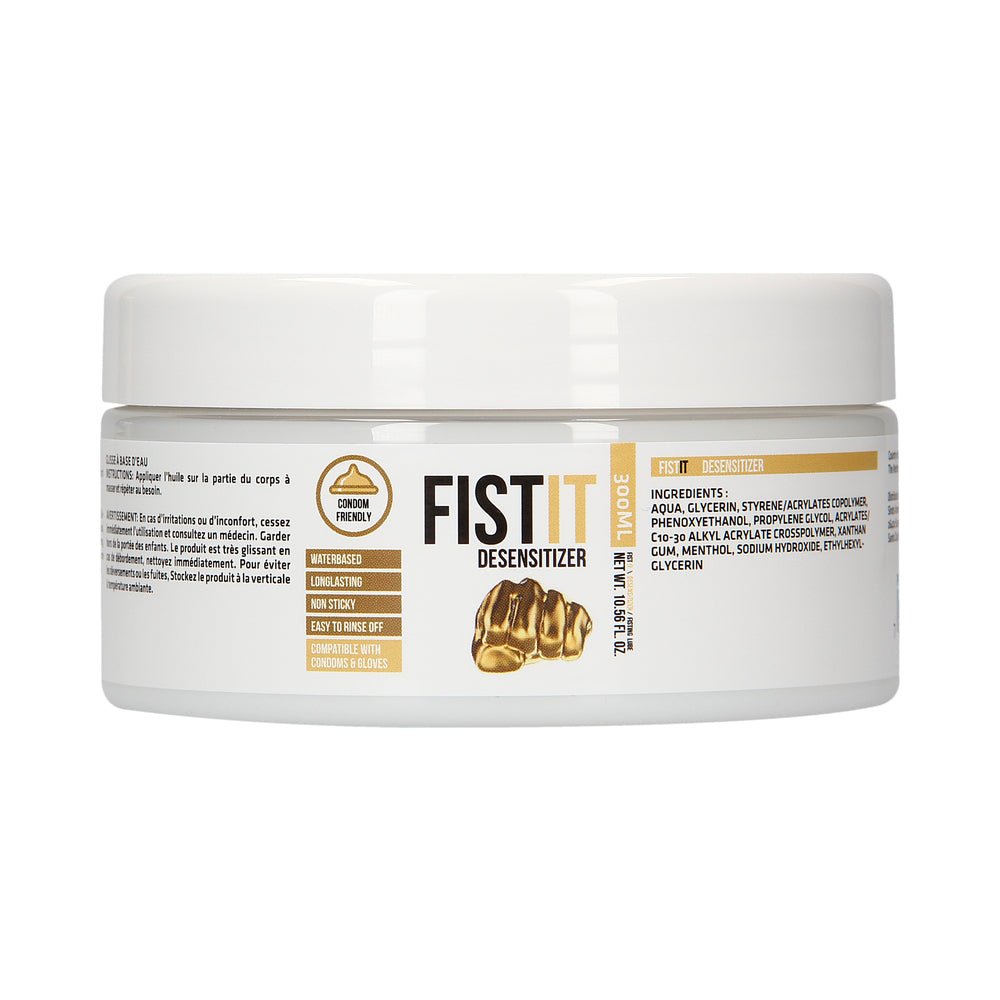 Fist It Numbing Water-Based Fisting Lube 300ml / 10.56 oz. Rear side view through transparent gold-label gel jar