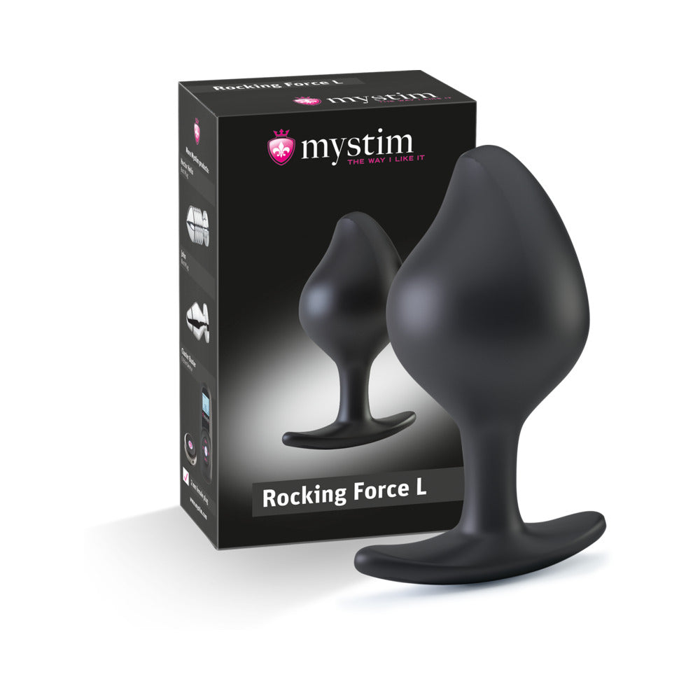 Mystim Rocking Force Anal Plug Large large black Mystim Rocking Force plug with broad tapered body and curved base beside box