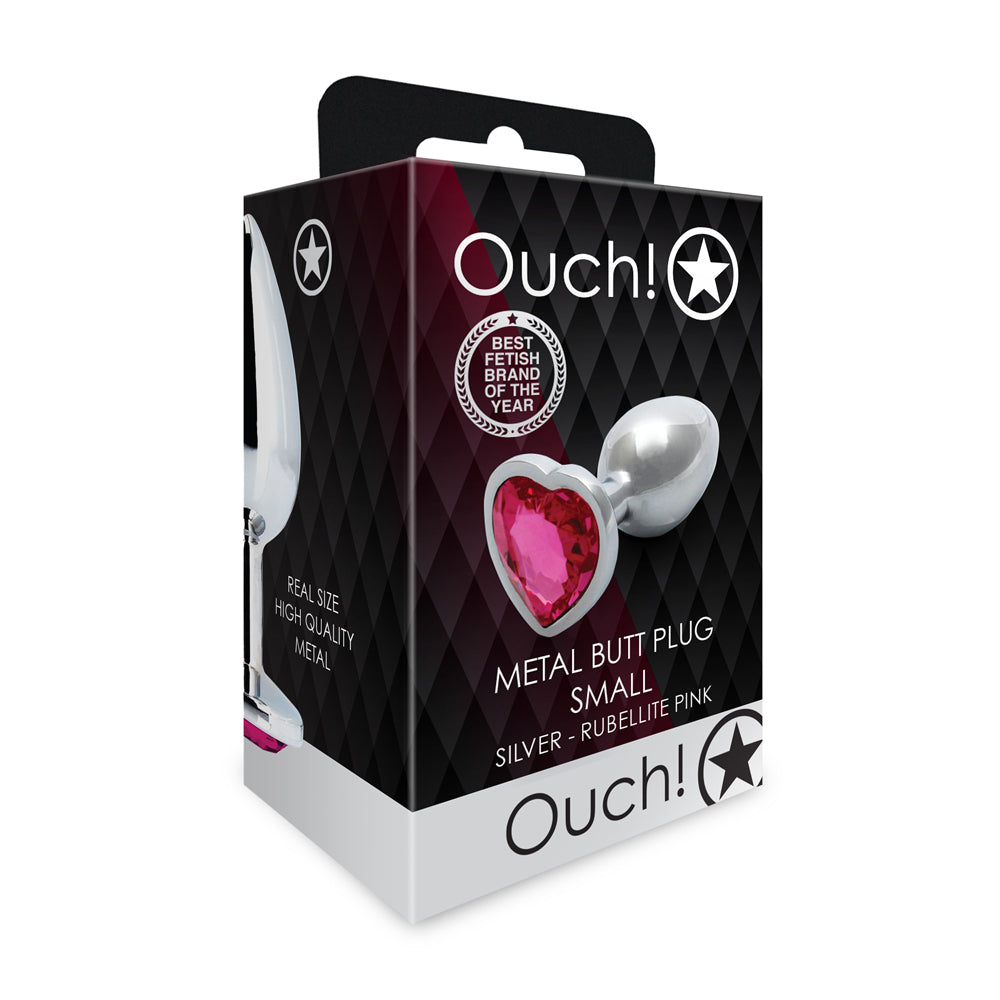 Ouch! Heart Gem Butt Plug Small Silver/Rubellite Pink Shots Ouch small silver metal butt plug with pink heart gem angled front retail package
