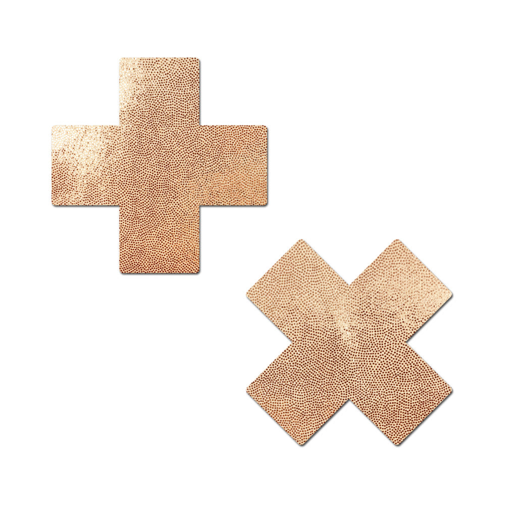 Pastease Everyday Reusable Pasties Rose Gold Vegan Luxury Suede Cross Nipple Covers Pastease Everyday rose gold cross nipple covers matching pair on white background