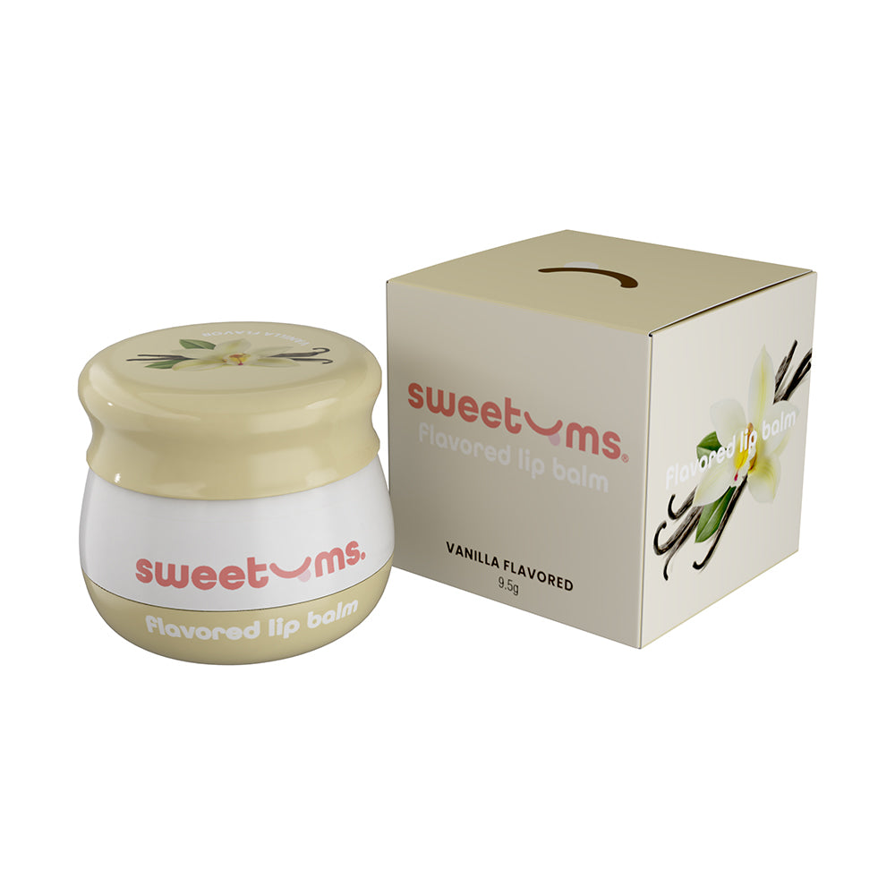 Sweetums Flavored Lip Balm Vanilla Sweetums Vanilla Lip Balm jar and vanilla flowers-illustrated retail box