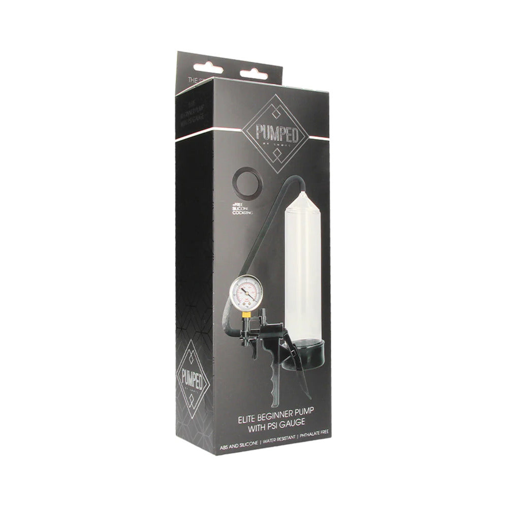 Pumped Elite Beginner Pump With PSI Gauge Clear Black Pumped Elite box showing clear cylinder hand pump and PSI gauge