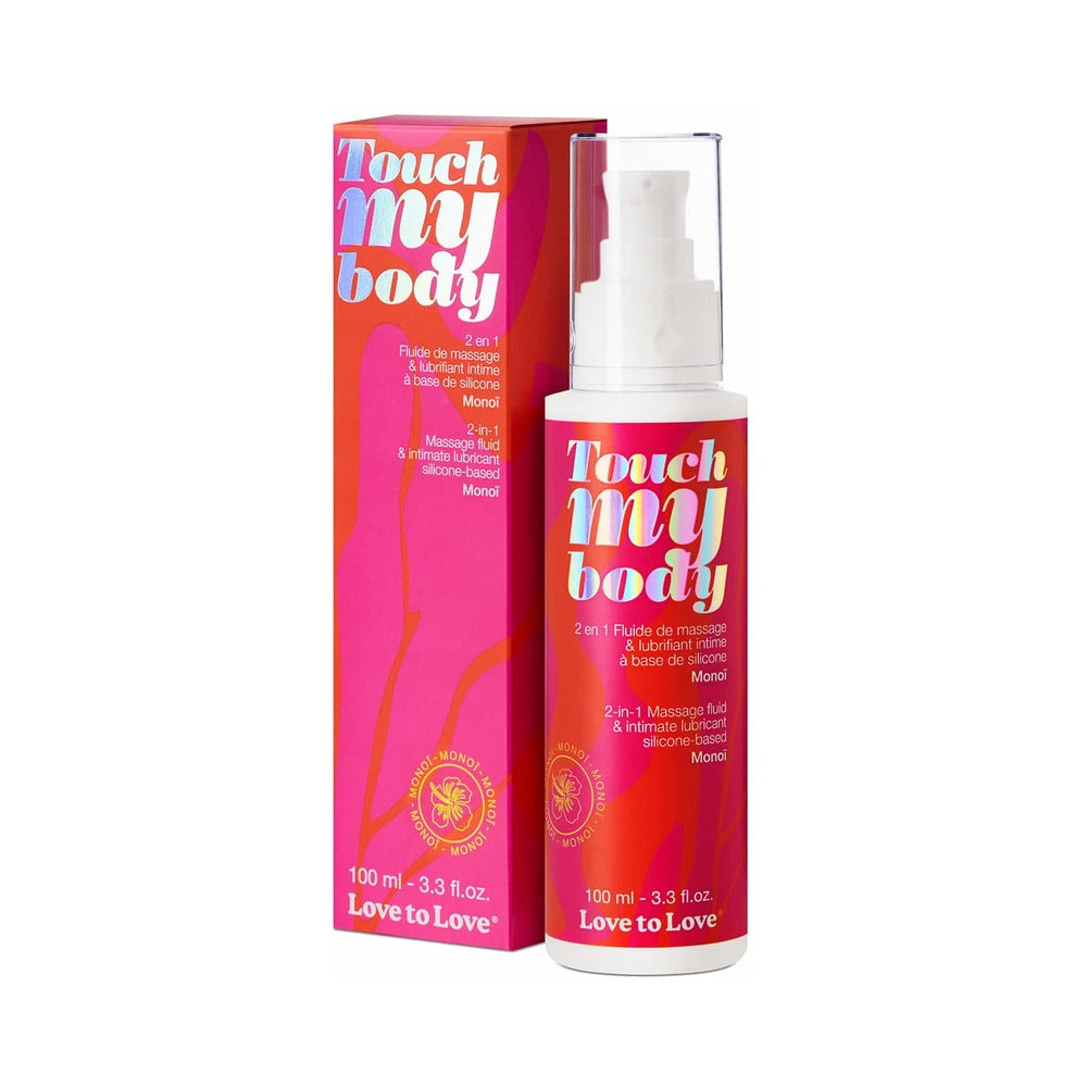 Love to Love Touch My Body 2-in-1 Massage Fluid & Intimate Lubricant Monoi 3.3 oz. Touch My Body Monoi pump bottle beside bright pink retail box