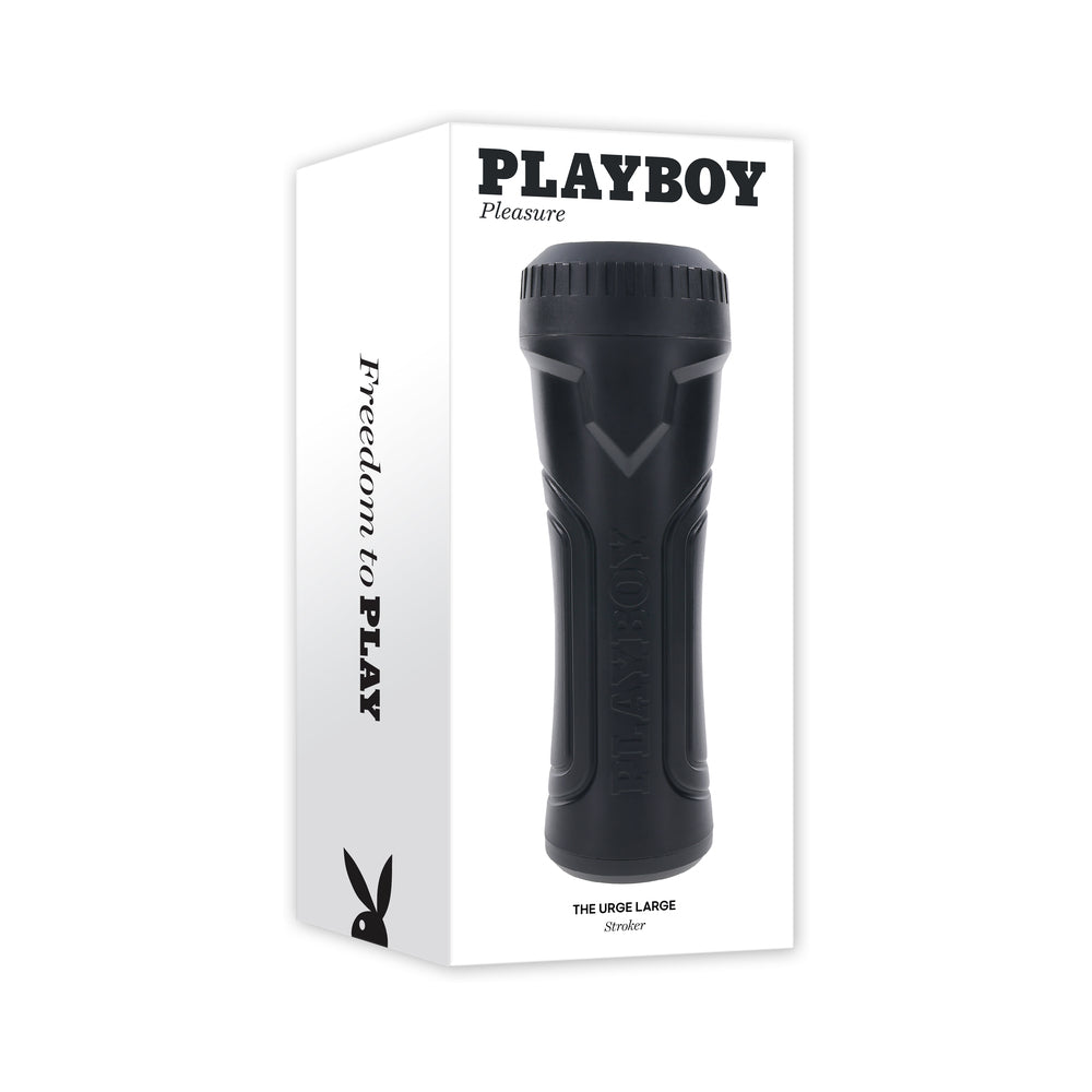 Playboy The Urge Large Stroker Non Vibrating TPE Black Playboy The Urge Large black canister stroker pictured on white box