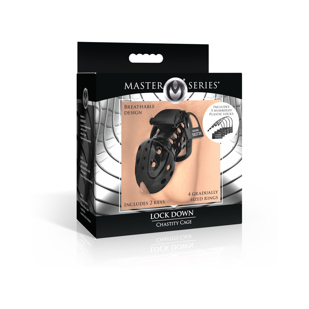 Master Series Lock Down Chastity Cage XR Brands Master Series Lock Down black vented chastity cage with rings pictured in silver retail box