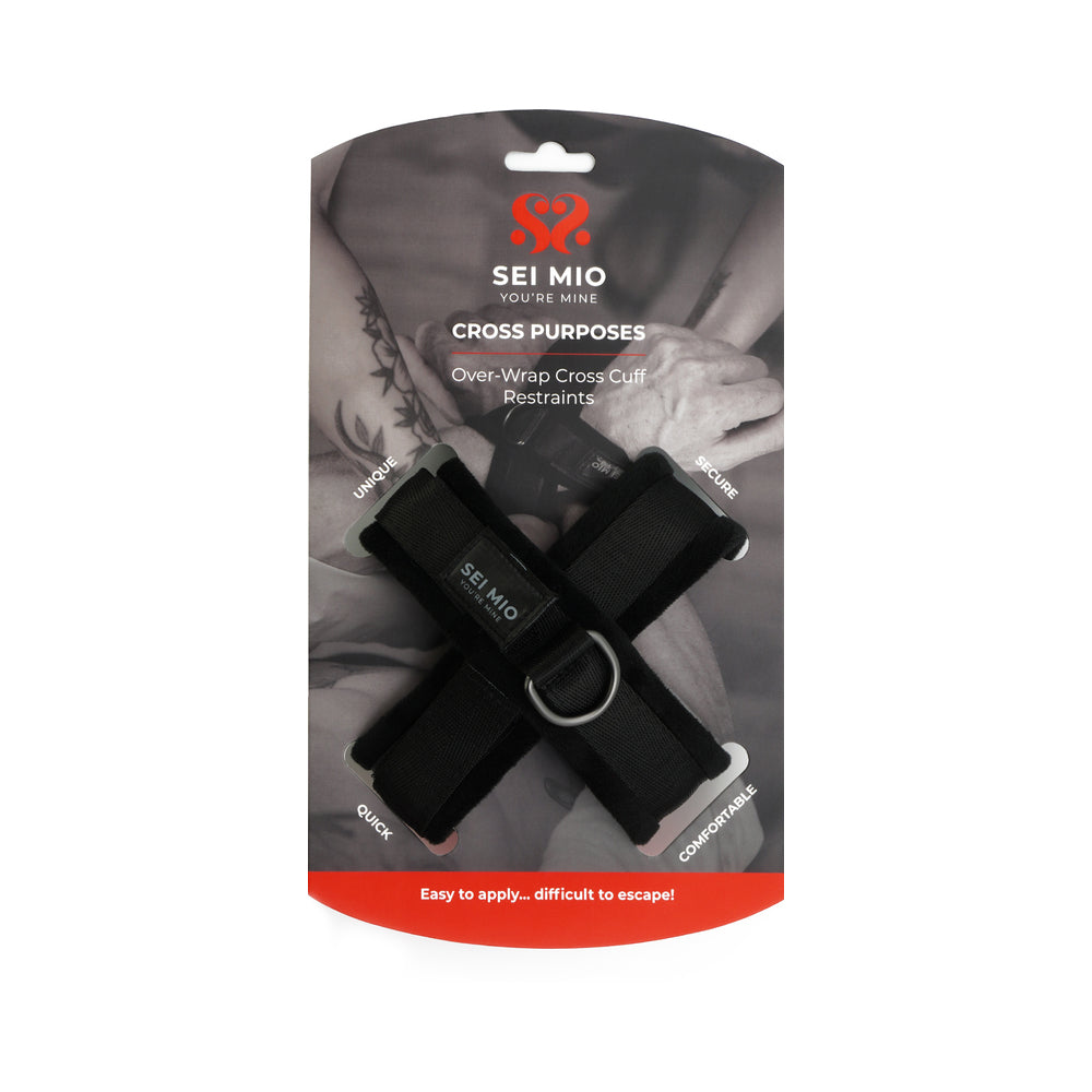 SEI MIO Cross Purposes Unique Over-Wrap Cross Cuff Restraints SEI MIO Cross Purposes black cross cuffs on gray hanging card