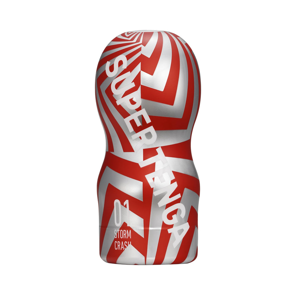 Super Tenga Storm Crash TENGA Super Storm Crash red and white stroker upright hourglass shell with white base cap