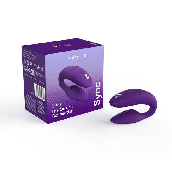 We-Vibe Sync 2 Rechargeable Silicone Couples Vibrator Purple We-Vibe Sync 2 purple vibrator beside retail box