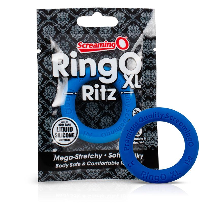 Screaming O RingO Ritz XL - Blue Blue Screaming O RingO Ritz XL silicone ring beside retail package