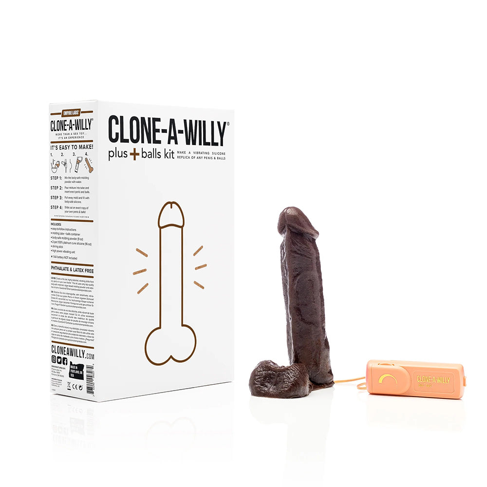 Clone-A-Willy Plus with Balls Deep Skin Tone deep skin-tone Clone-A-Willy Plus model, vibrator and white kit box