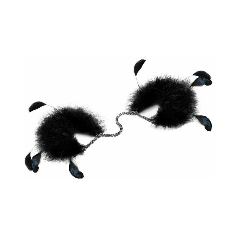 Bijoux Indiscrets Za Za Zu Feather Cuffs pair of black Za Za Zu feather cuffs with satin loops joined by silver-tone chain