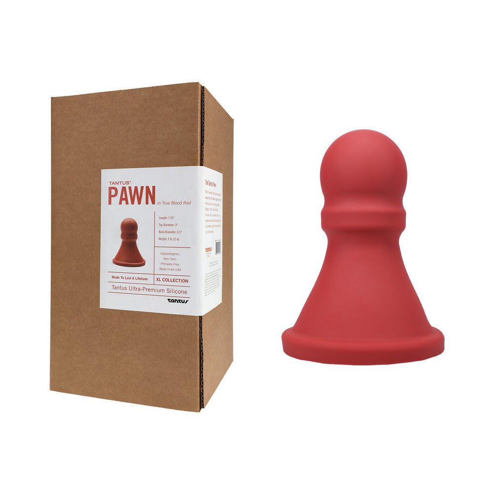 Tantus The Pawn Dildo Ruby (Box) Red Tantus The Pawn plug beside labeled brown box