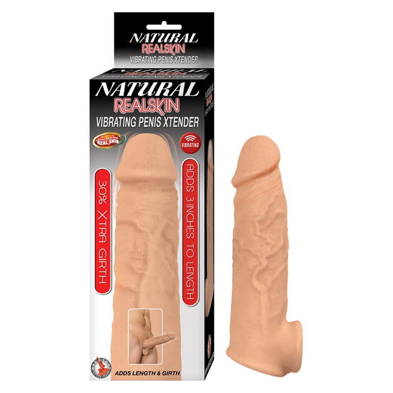 Natural Realskin Vibrating Penis Xtender - White Natural Realskin beige vibrating penis extender beside retail package