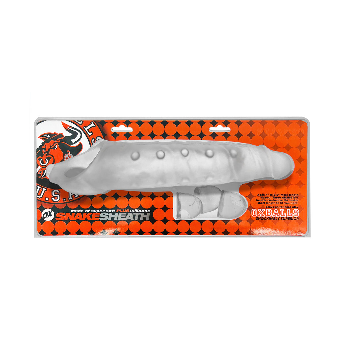 OxBalls Snake Deep-Reacher Cocksheath Clear Ice translucent OxBalls Snake veined cocksheath with three clear inserts in retail box