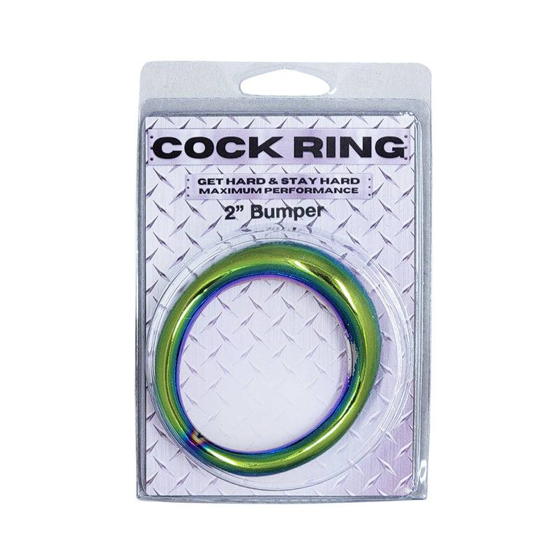 Ple''sur SS Rainbow Bumper Cockring 2in rainbow-finish 2-inch stainless steel bumper cock ring in clear retail pack