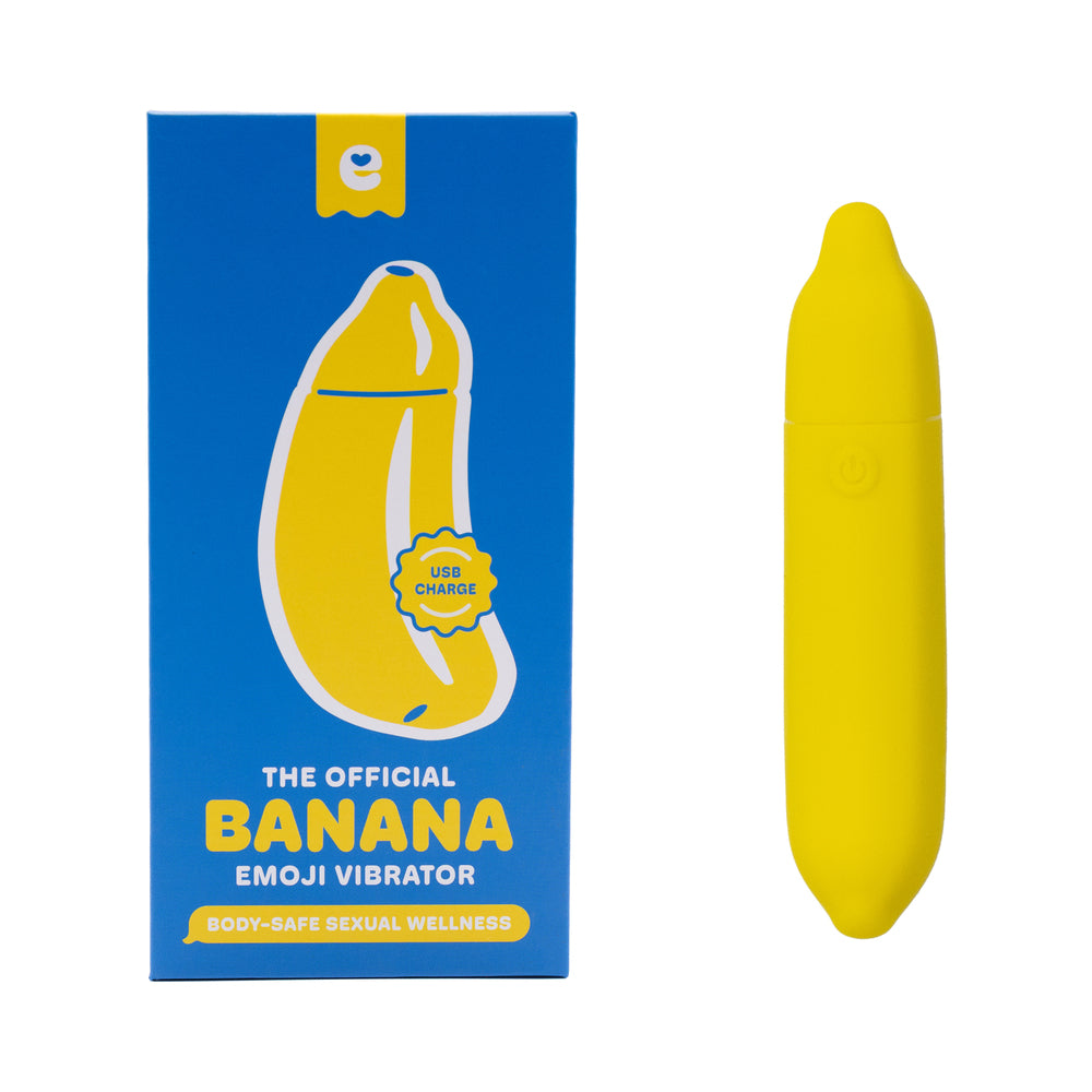 Emojibator Banana USB yellow banana-shaped Emojibator beside blue Banana USB Charge box